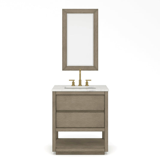 Water Creation Oakman 30" Single Sink Carrara White Marble Countertop Bath Vanity in Grey Oak with Gold Faucets and Rectangular Mirrors