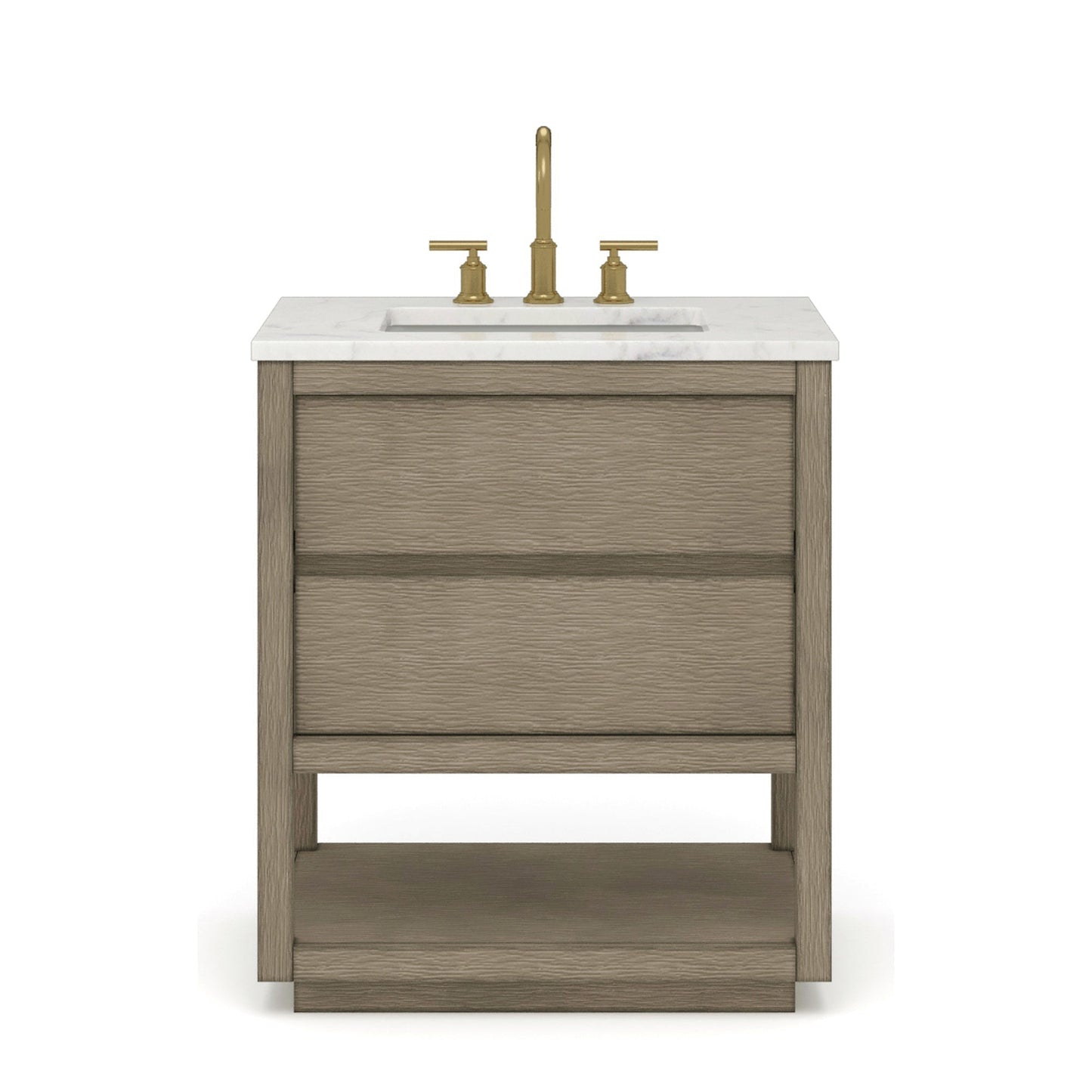 Water Creation Oakman 30" Single Sink Carrara White Marble Countertop Bath Vanity in Grey Oak with Gold Faucets