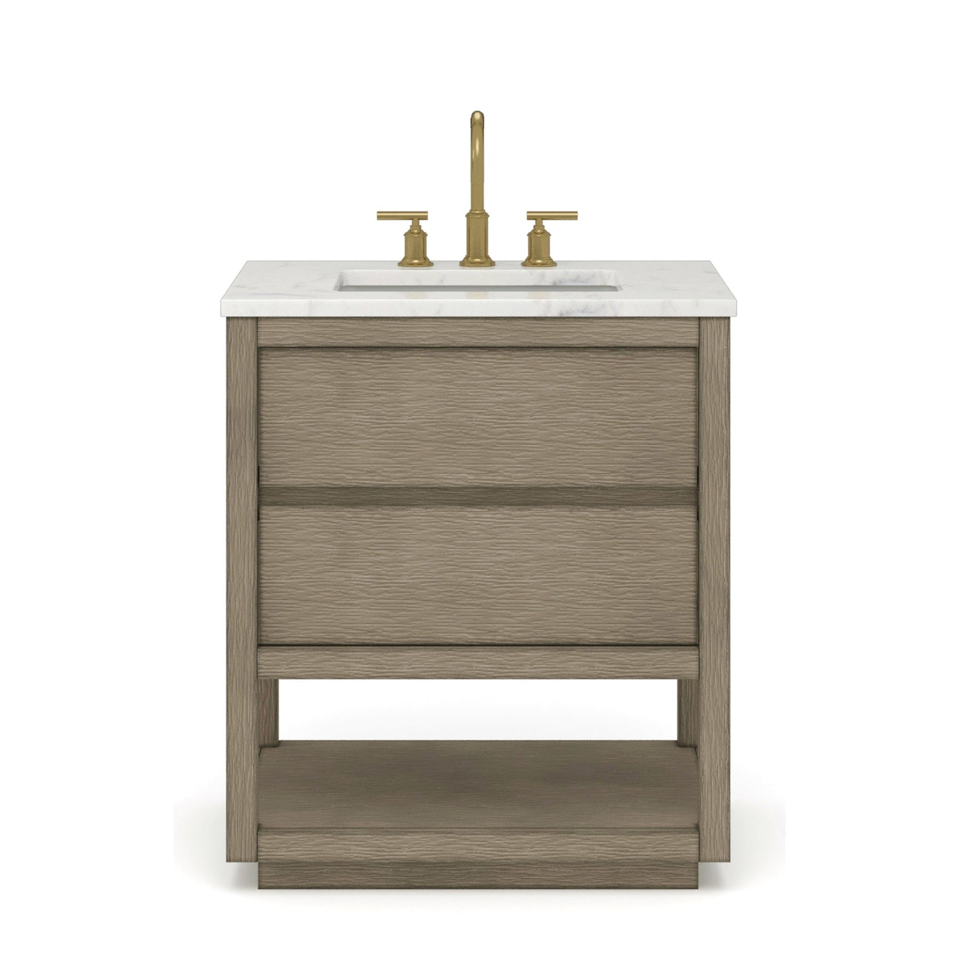 Water Creation Oakman 30" Single Sink Carrara White Marble Countertop Bath Vanity in Grey Oak with Gold Faucets