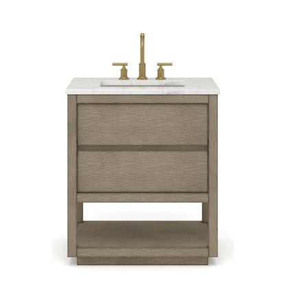 Water Creation Oakman 30" Single Sink Carrara White Marble Countertop Bath Vanity in Grey Oak with Gold Faucets