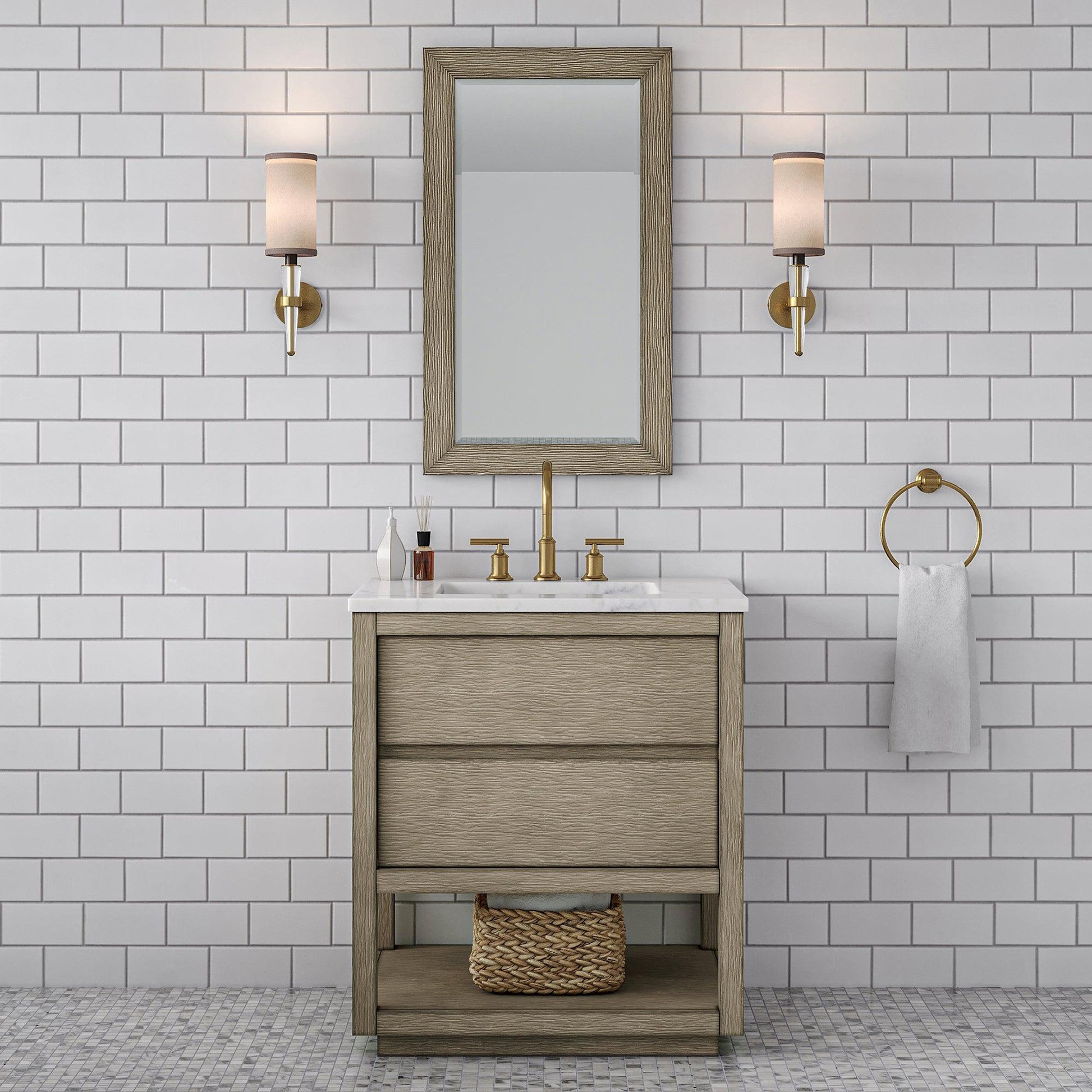 Water Creation Oakman 30" Single Sink Carrara White Marble Countertop Bath Vanity in Grey Oak with ORB Faucet