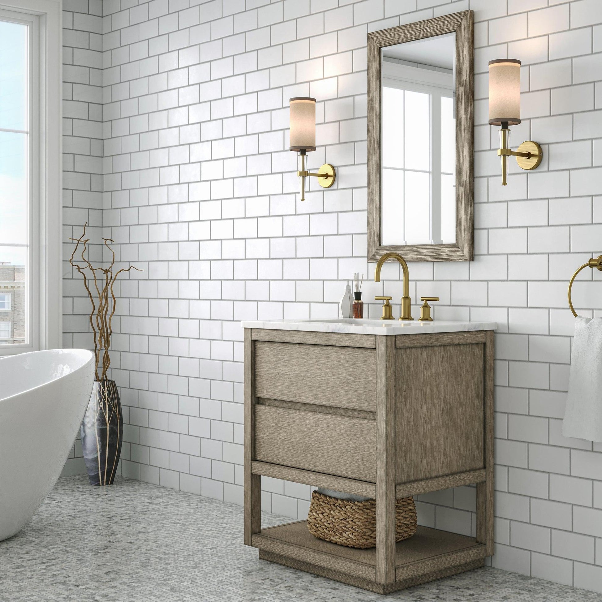 Water Creation Oakman 30" Single Sink Carrara White Marble Countertop Bath Vanity in Grey Oak with ORB Faucet