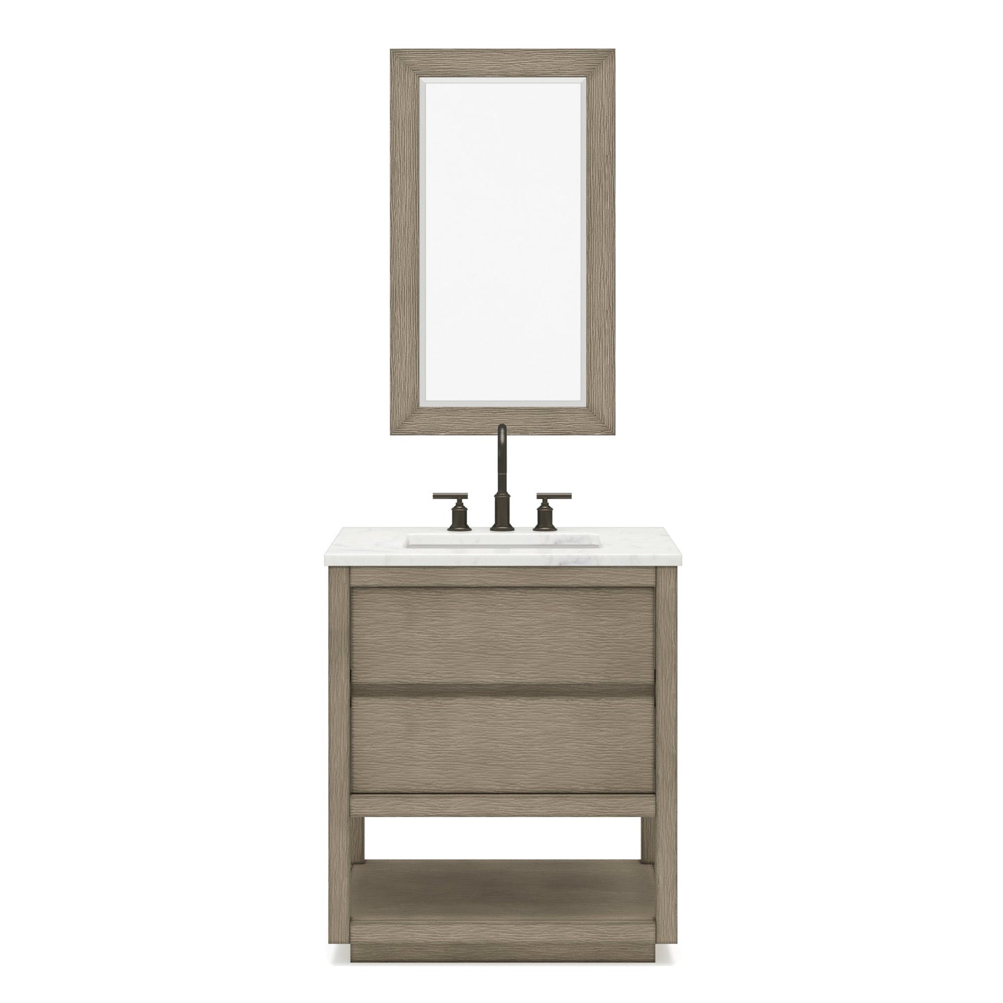 Water Creation Oakman 30" Single Sink Carrara White Marble Countertop Bath Vanity in Grey Oak with ORB Faucet and Rectangular Mirror