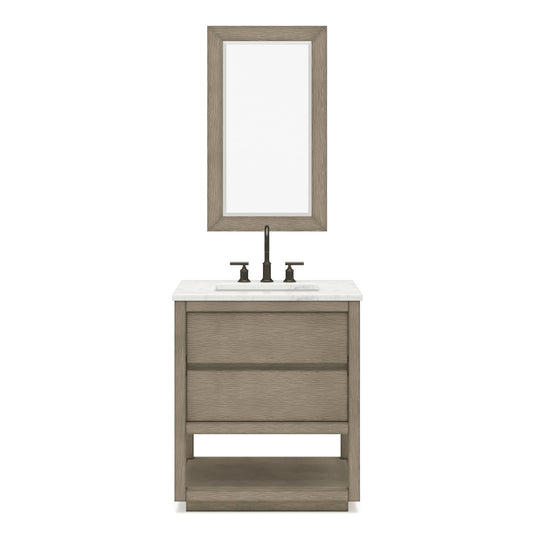 Water Creation Oakman 30" Single Sink Carrara White Marble Countertop Bath Vanity in Grey Oak with ORB Faucet and Rectangular Mirror