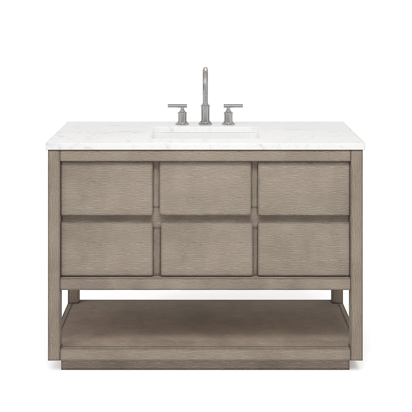 Water Creation Oakman 48" Double Sink Carrara White Marble Countertop Bath Vanity in Grey Oak with Chrome Faucet