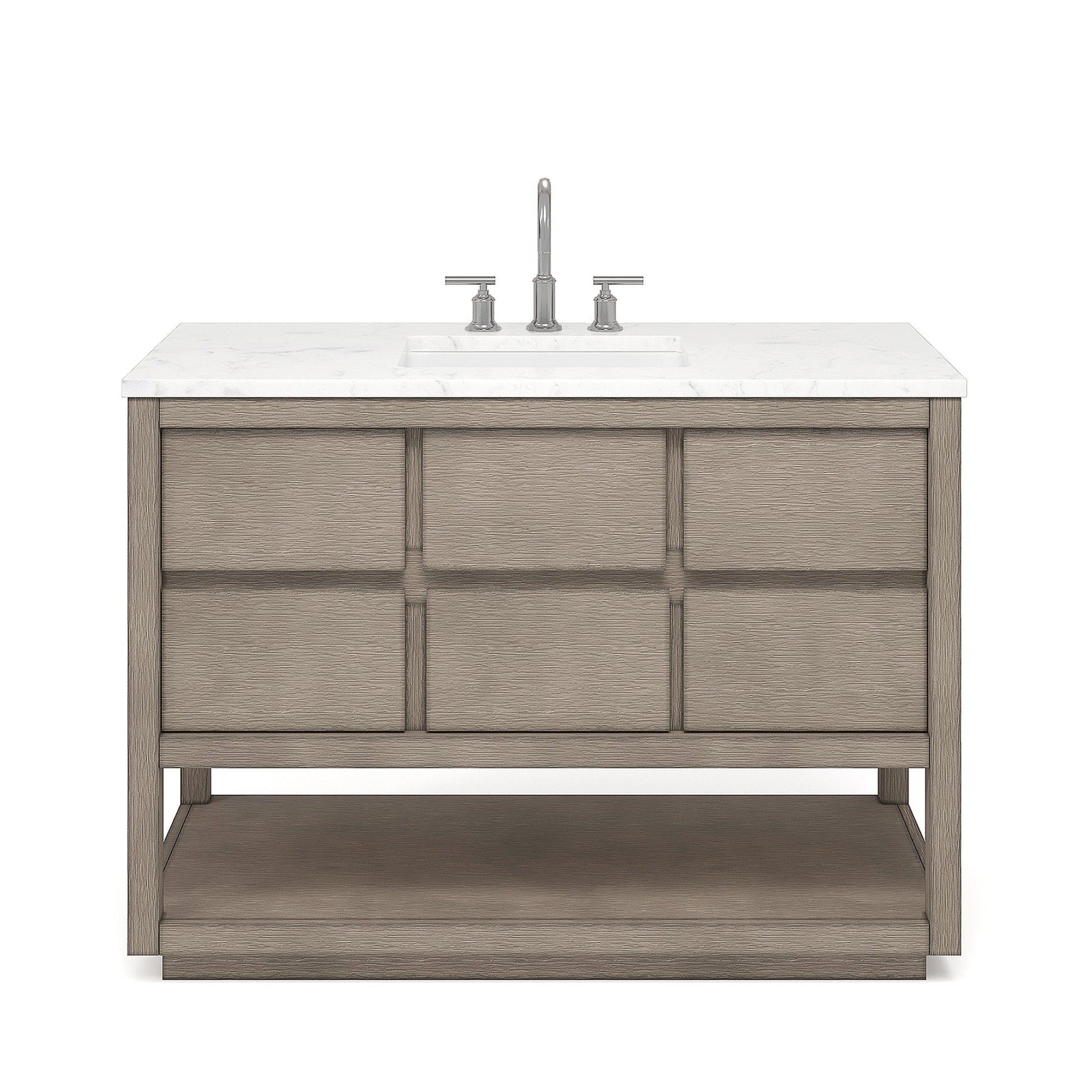 Water Creation Oakman 48" Double Sink Carrara White Marble Countertop Bath Vanity in Grey Oak with Chrome Faucet