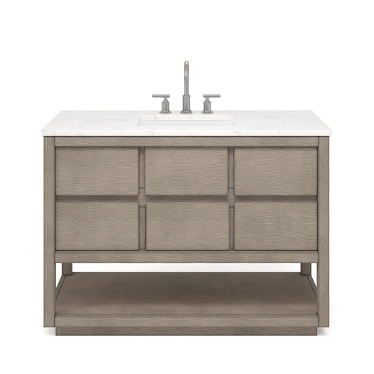 Water Creation Oakman 48" Double Sink Carrara White Marble Countertop Bath Vanity in Grey Oak with Chrome Faucet