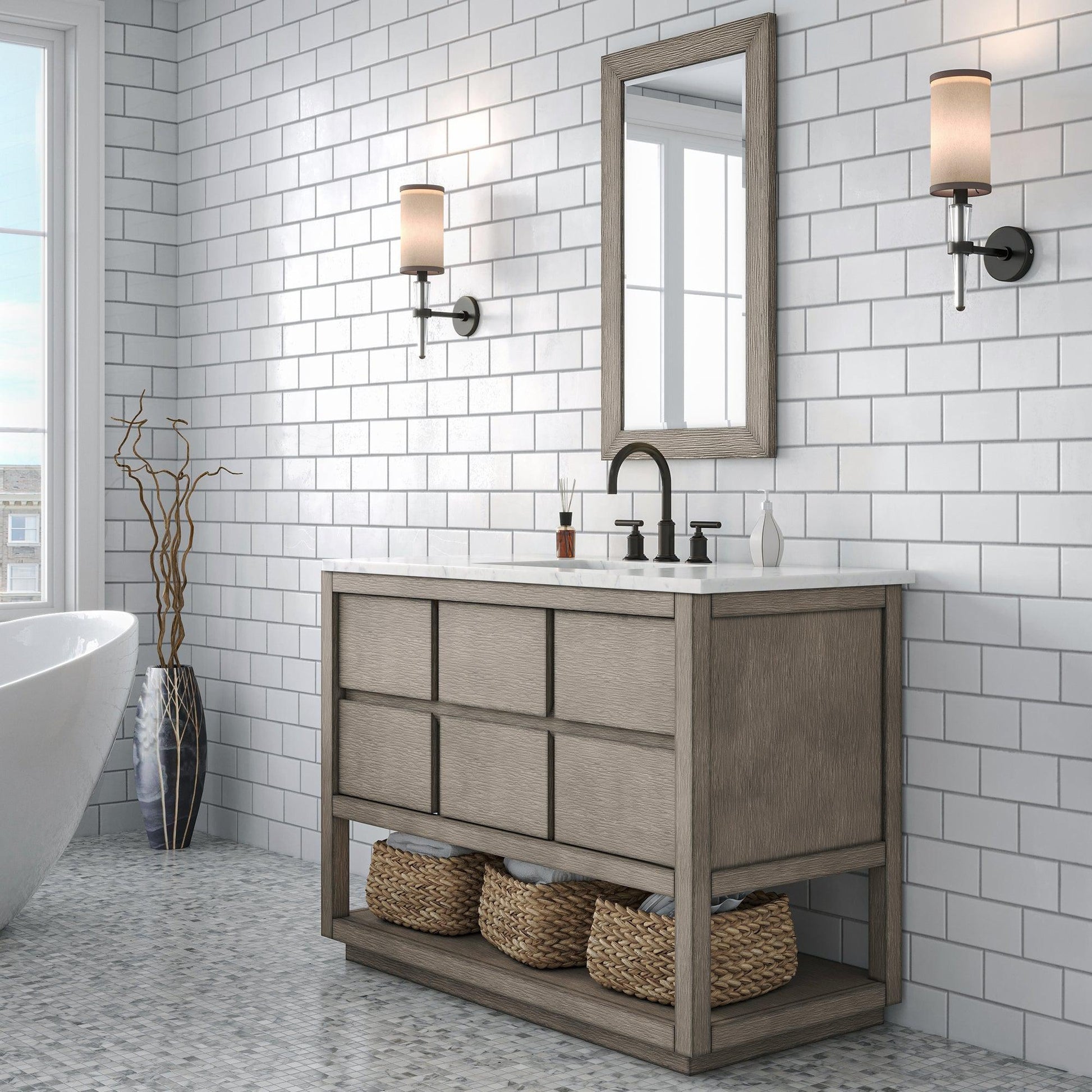 Water Creation Oakman 48" Single Sink Carrara White Marble Countertop Bath Vanity in Grey Oak