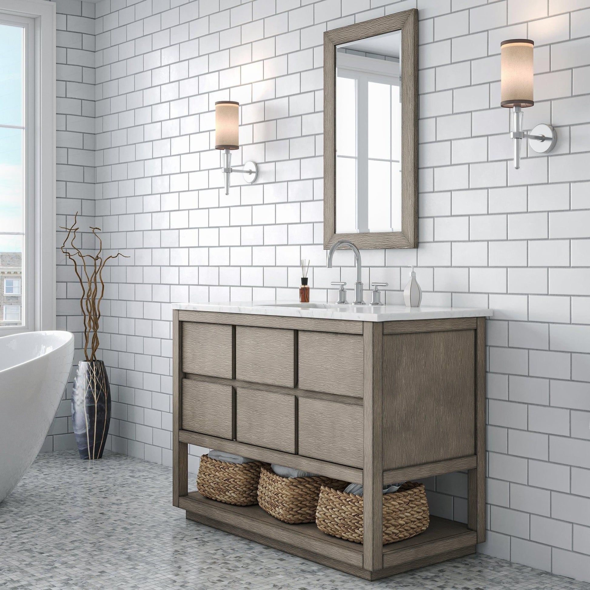 Water Creation Oakman 48" Single Sink Carrara White Marble Countertop Bath Vanity in Grey Oak with Chrome Faucet and Rectangular Mirror