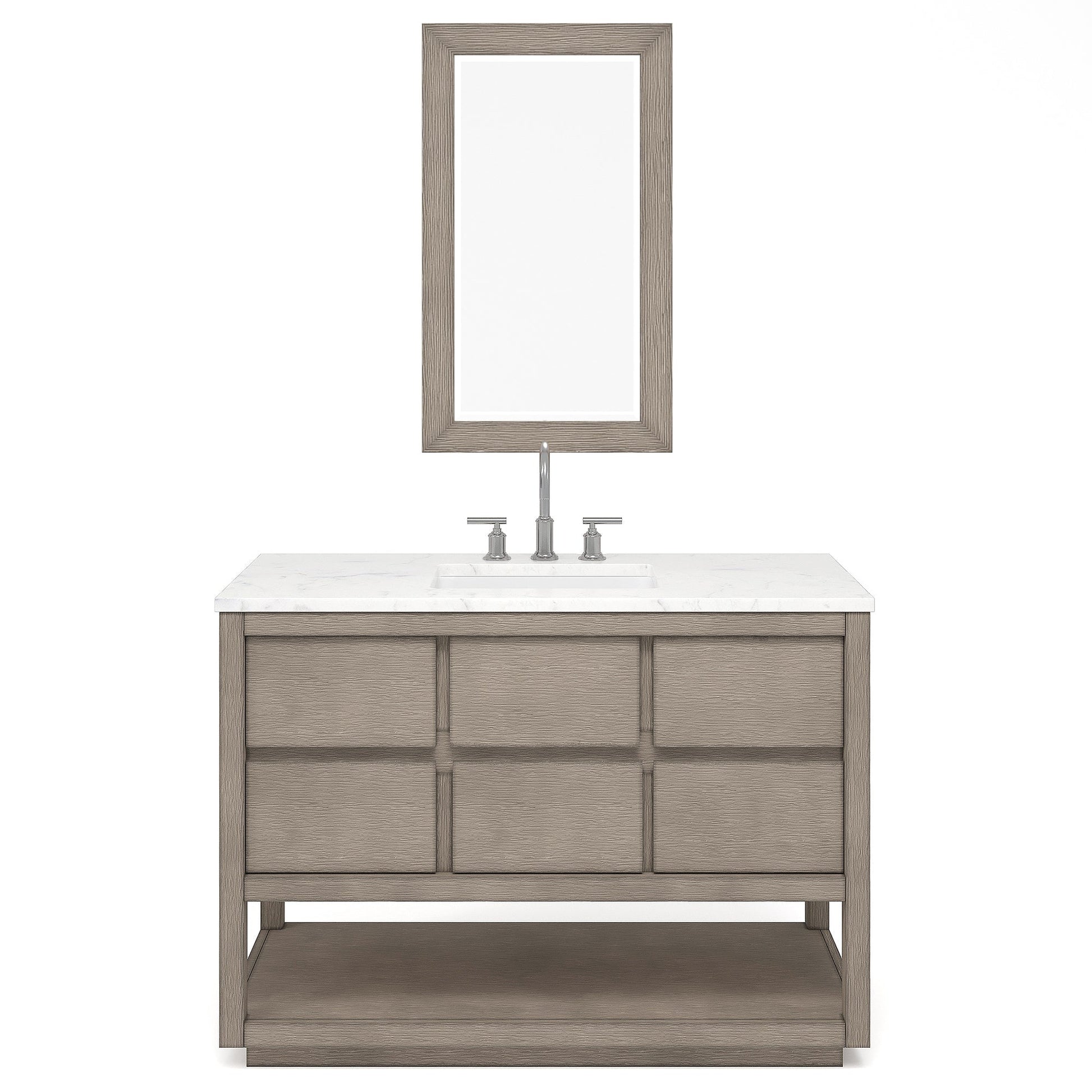 Water Creation Oakman 48" Single Sink Carrara White Marble Countertop Bath Vanity in Grey Oak with Chrome Faucet and Rectangular Mirror