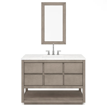 Water Creation Oakman 48" Single Sink Carrara White Marble Countertop Bath Vanity in Grey Oak with Chrome Faucet and Rectangular Mirror