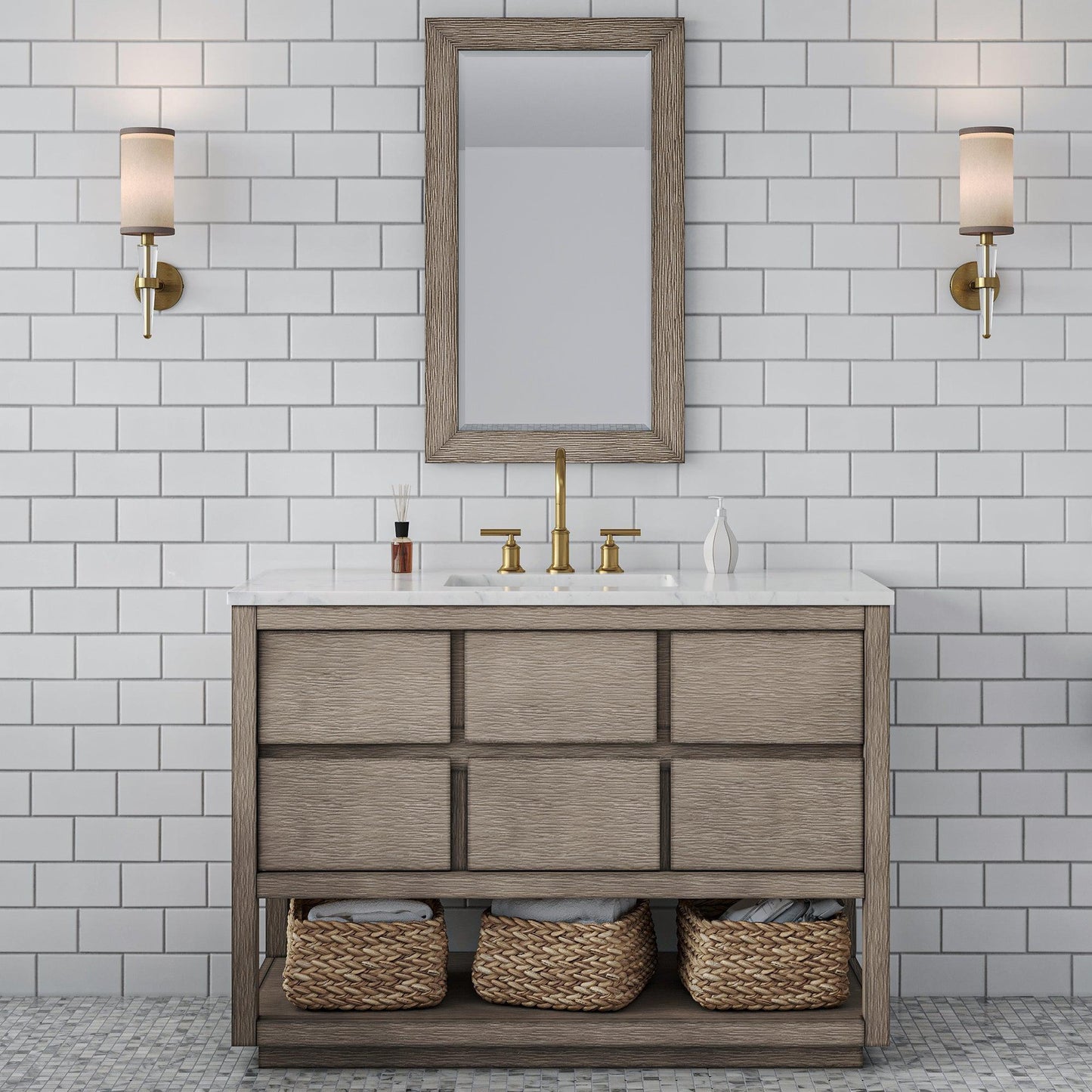 Water Creation Oakman 48" Single Sink Carrara White Marble Countertop Bath Vanity in Grey Oak with Gold Faucets