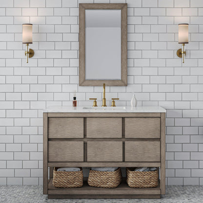 Water Creation Oakman 48" Single Sink Carrara White Marble Countertop Bath Vanity in Grey Oak with Gold Faucets