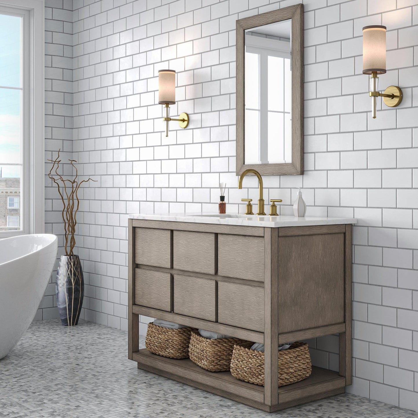 Water Creation Oakman 48" Single Sink Carrara White Marble Countertop Bath Vanity in Grey Oak with Gold Faucets