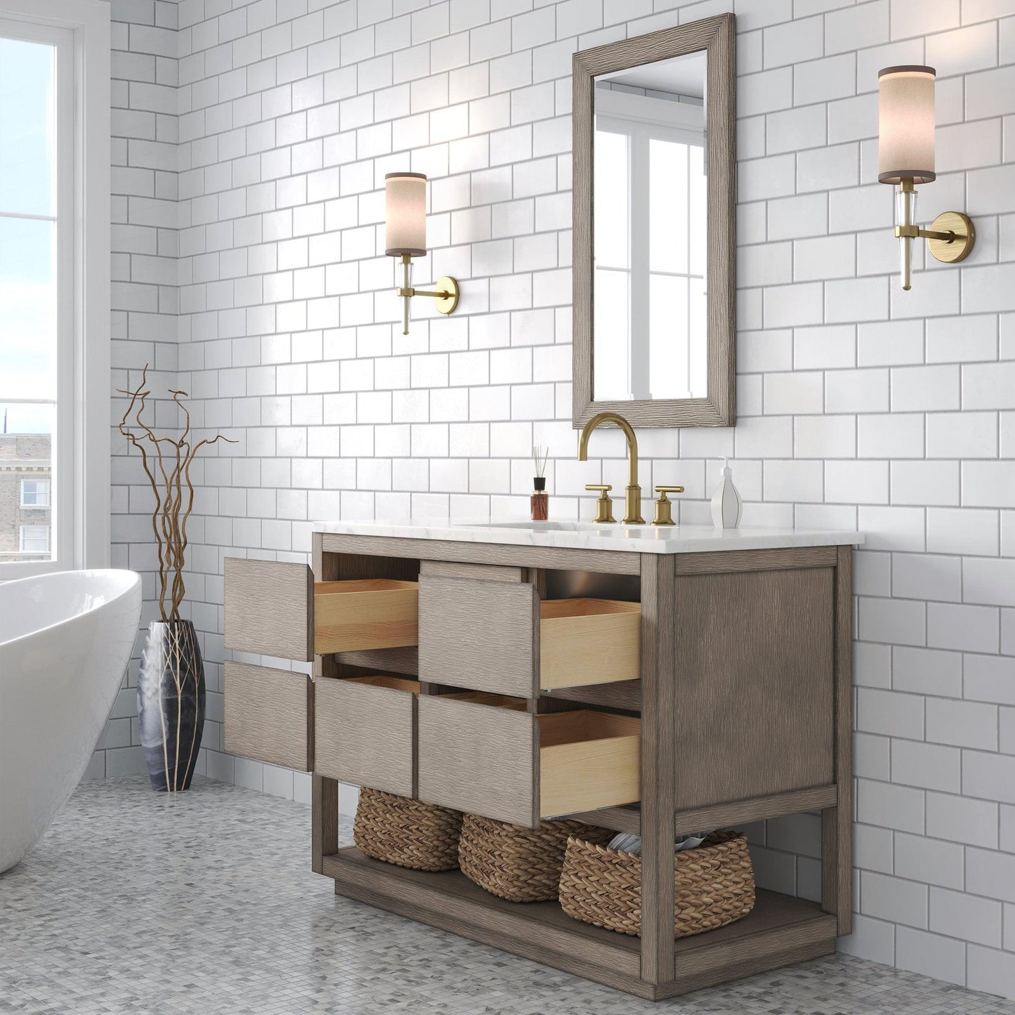 Water Creation Oakman 48" Single Sink Carrara White Marble Countertop Bath Vanity in Grey Oak with Gold Faucets