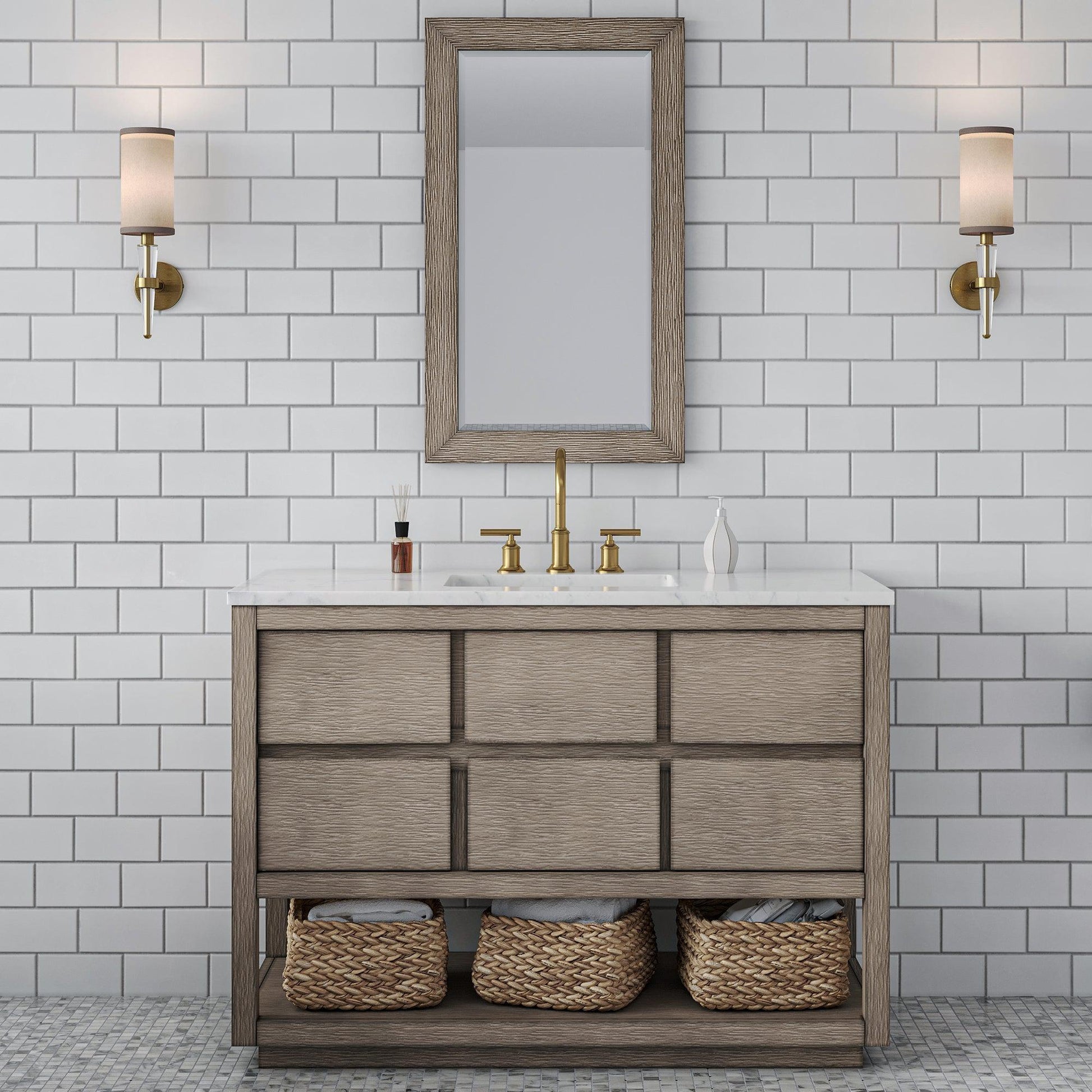 Water Creation Oakman 48" Single Sink Carrara White Marble Countertop Bath Vanity in Grey Oak with Gold Faucets and Rectangular Mirrors