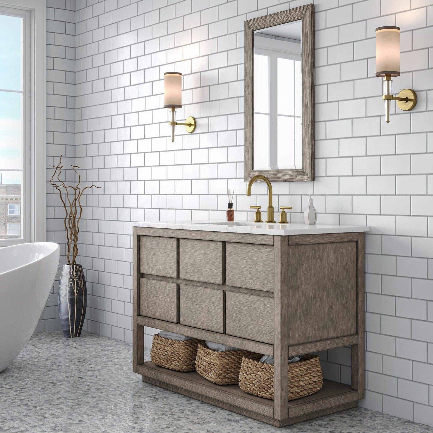 Water Creation Oakman 48" Single Sink Carrara White Marble Countertop Bath Vanity in Grey Oak with Gold Faucets and Rectangular Mirrors