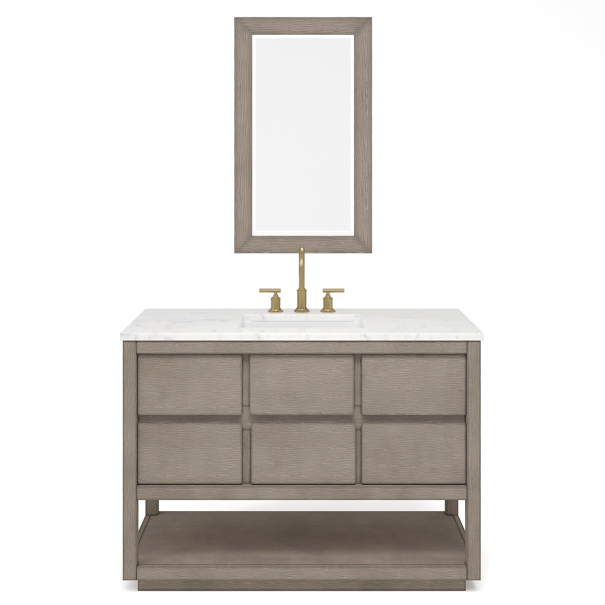 Water Creation Oakman 48" Single Sink Carrara White Marble Countertop Bath Vanity in Grey Oak with Gold Faucets and Rectangular Mirrors