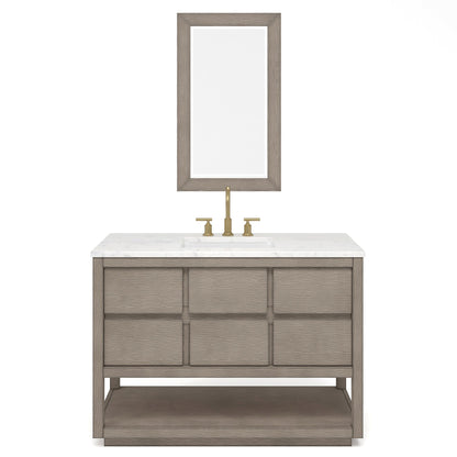 Water Creation Oakman 48" Single Sink Carrara White Marble Countertop Bath Vanity in Grey Oak with Gold Faucets and Rectangular Mirrors