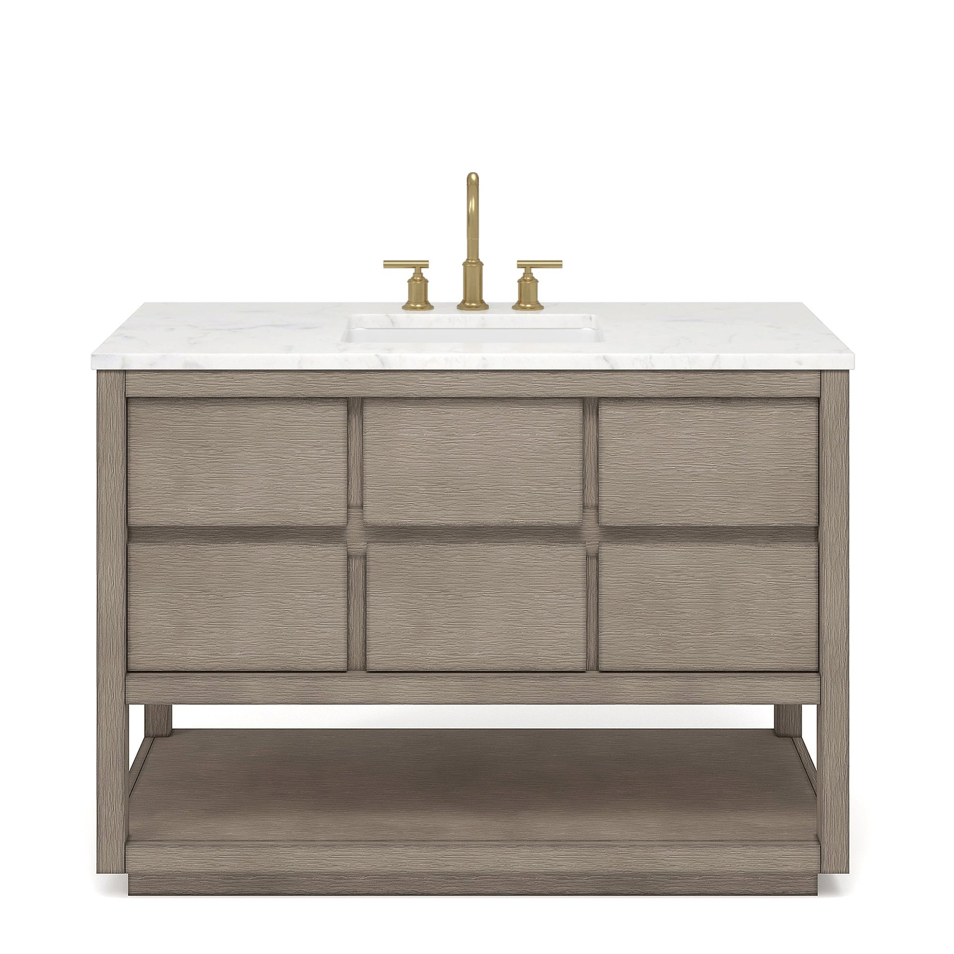 Water Creation Oakman 48" Single Sink Carrara White Marble Countertop Bath Vanity in Grey Oak with Gold Faucets