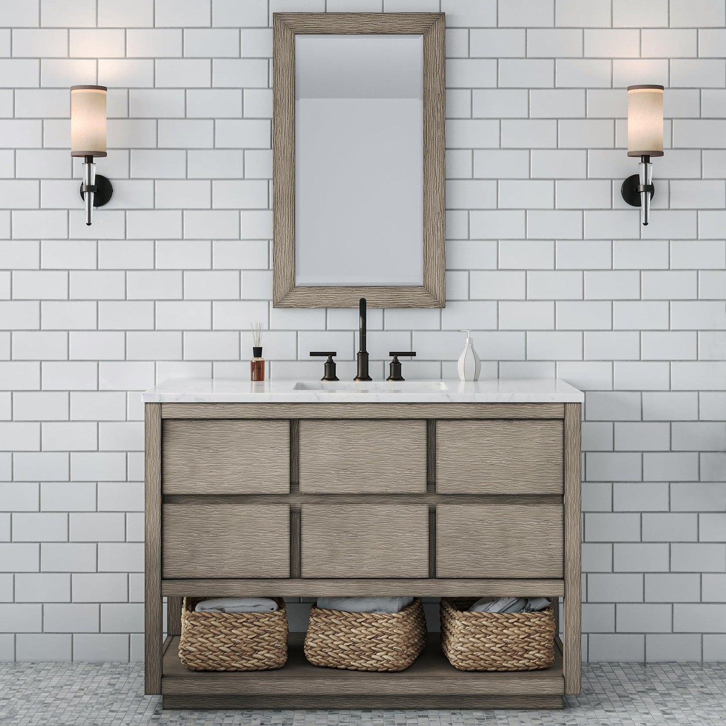 Water Creation Oakman 48" Single Sink Carrara White Marble Countertop Bath Vanity in Grey Oak with ORB Faucet