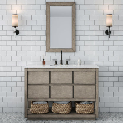 Water Creation Oakman 48" Single Sink Carrara White Marble Countertop Bath Vanity in Grey Oak with ORB Faucet and Rectangular Mirror