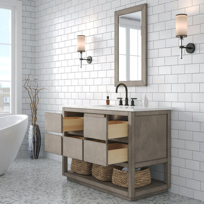 Water Creation Oakman 48" Single Sink Carrara White Marble Countertop Bath Vanity in Grey Oak with ORB Faucet and Rectangular Mirror