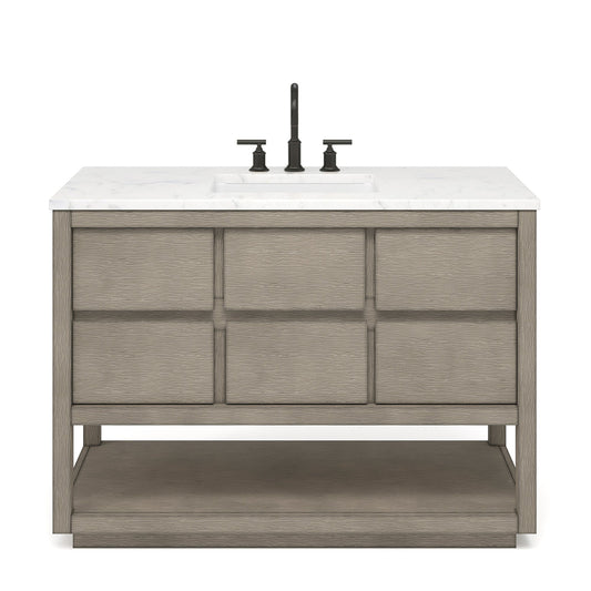 Water Creation Oakman 48" Single Sink Carrara White Marble Countertop Bath Vanity in Grey Oak with ORB Faucet and Rectangular Mirror