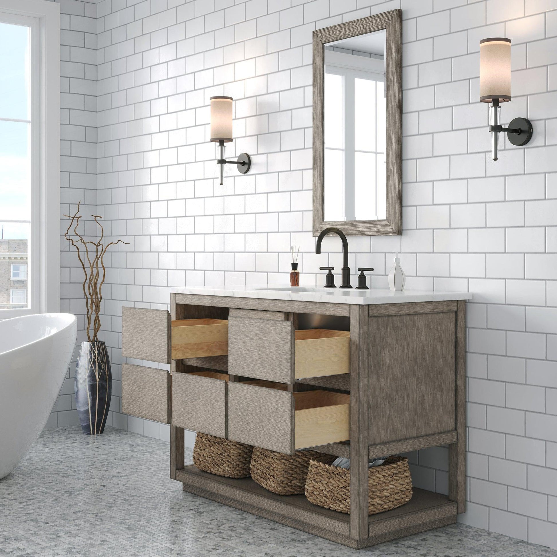Water Creation Oakman 48" Single Sink Carrara White Marble Countertop Bath Vanity in Grey Oak with Rectangular Mirror