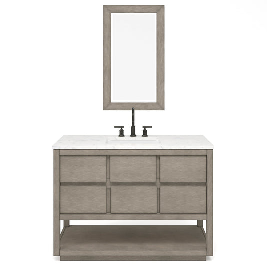 Water Creation Oakman 48" Single Sink Carrara White Marble Countertop Bath Vanity in Grey Oak with Rectangular Mirror