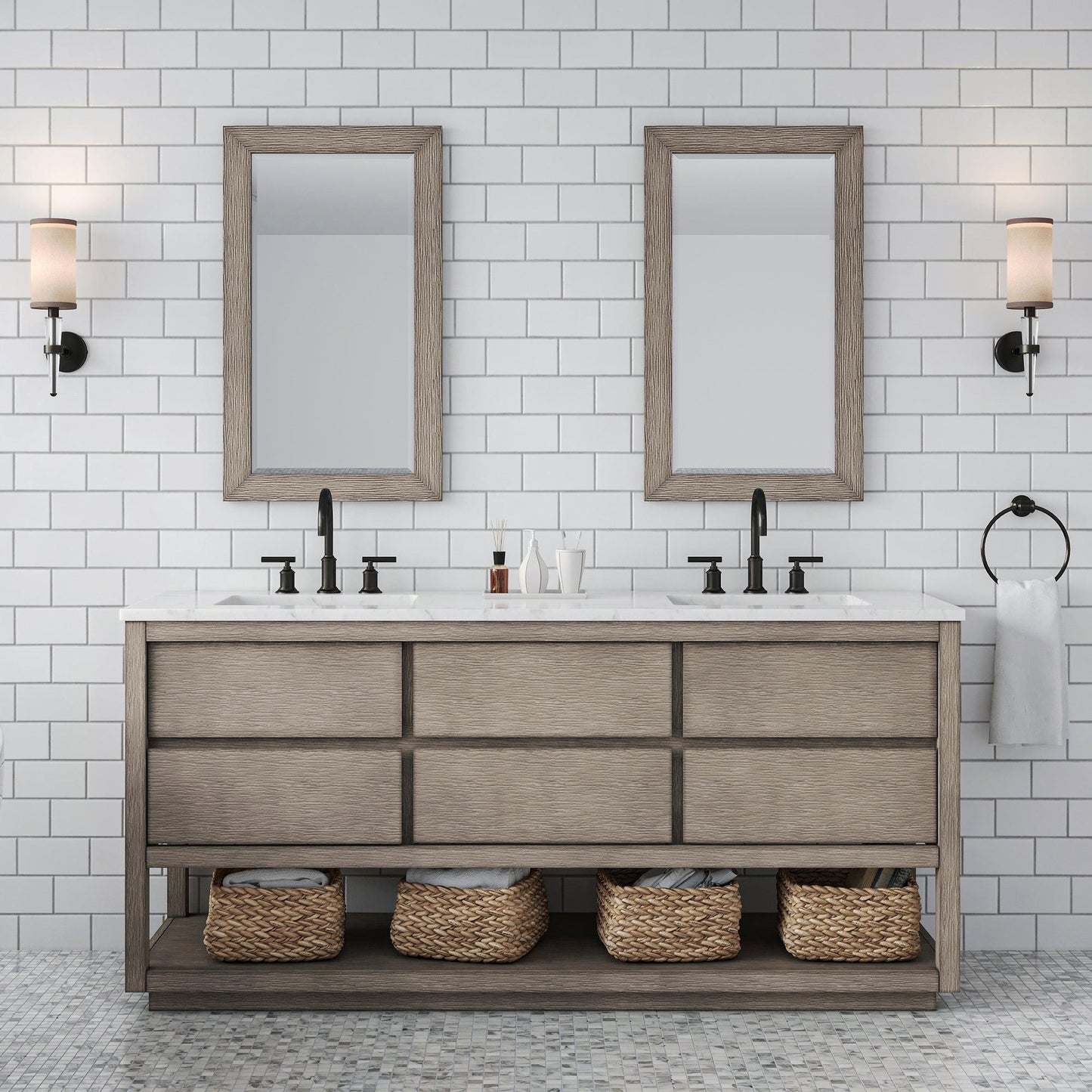 Water Creation Oakman 72" Double Sink Carrara White Marble Countertop Bath Vanity in Grey Oak