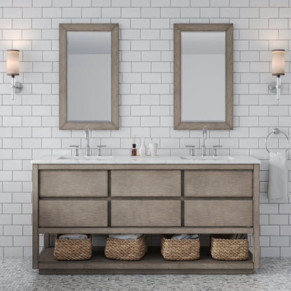 Water Creation Oakman 72" Double Sink Carrara White Marble Countertop Bath Vanity in Grey Oak with Chrome Faucets