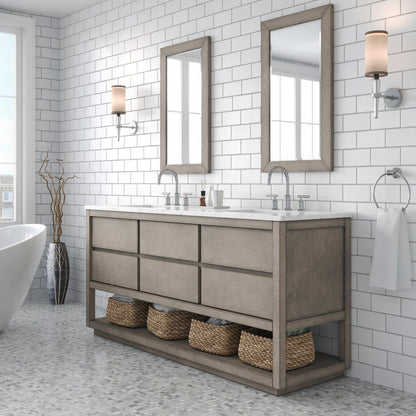 Water Creation Oakman 72" Double Sink Carrara White Marble Countertop Bath Vanity in Grey Oak with Chrome Faucets and Rectangular Mirrors