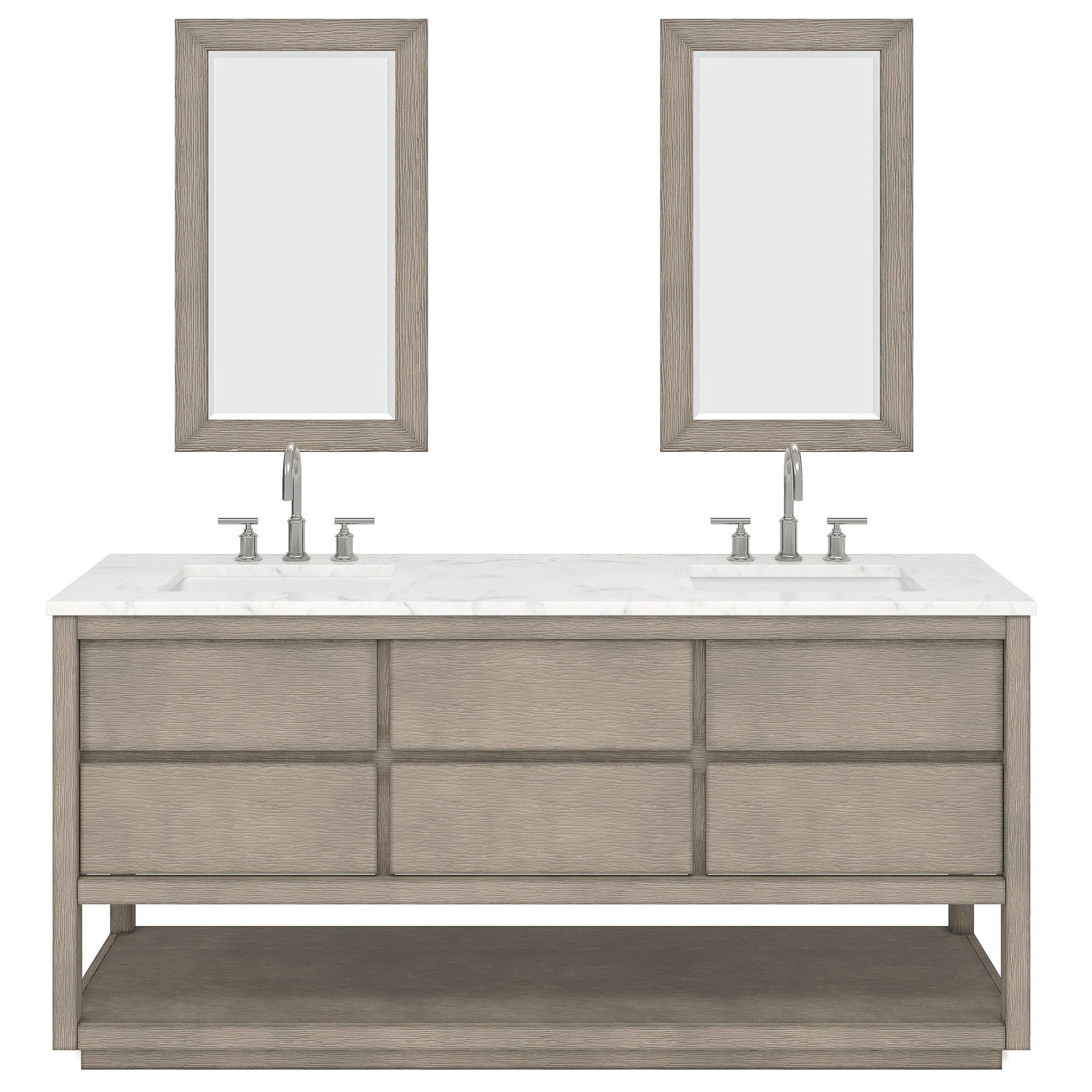 Water Creation Oakman 72" Double Sink Carrara White Marble Countertop Bath Vanity in Grey Oak with Chrome Faucets and Rectangular Mirrors