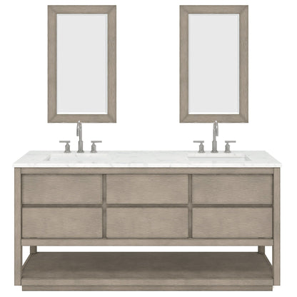 Water Creation Oakman 72" Double Sink Carrara White Marble Countertop Bath Vanity in Grey Oak with Chrome Faucets and Rectangular Mirrors