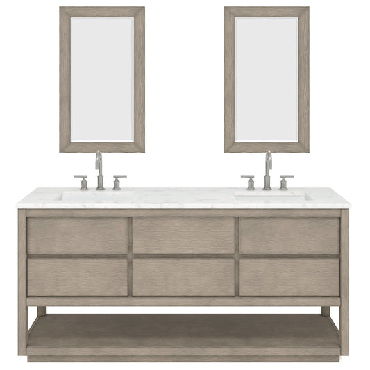Water Creation Oakman 72" Double Sink Carrara White Marble Countertop Bath Vanity in Grey Oak with Chrome Faucets and Rectangular Mirrors