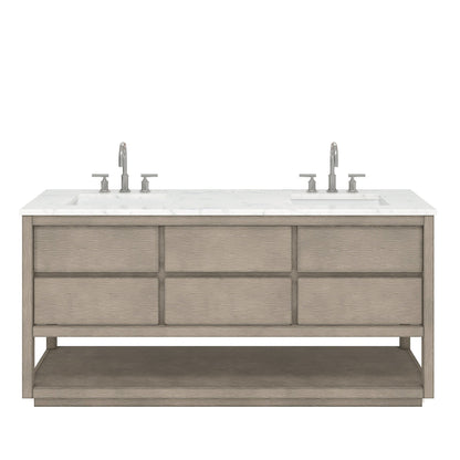 Water Creation Oakman 72" Double Sink Carrara White Marble Countertop Bath Vanity in Grey Oak with Chrome Faucets