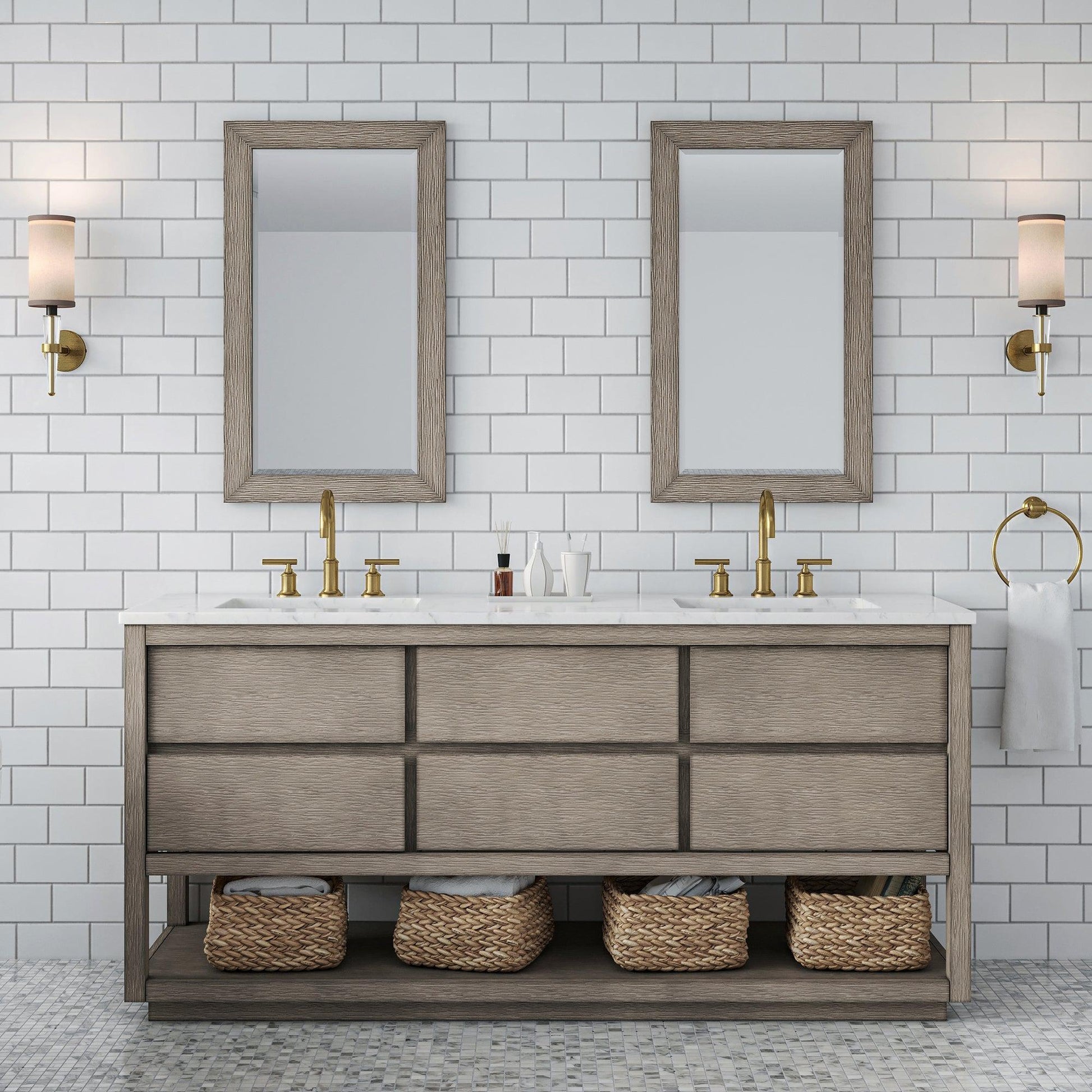 Water Creation Oakman 72" Double Sink Carrara White Marble Countertop Bath Vanity in Grey Oak with Gold Faucets