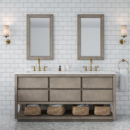 Water Creation Oakman 72" Double Sink Carrara White Marble Countertop Bath Vanity in Grey Oak with Gold Faucets and Rectangular Mirrors