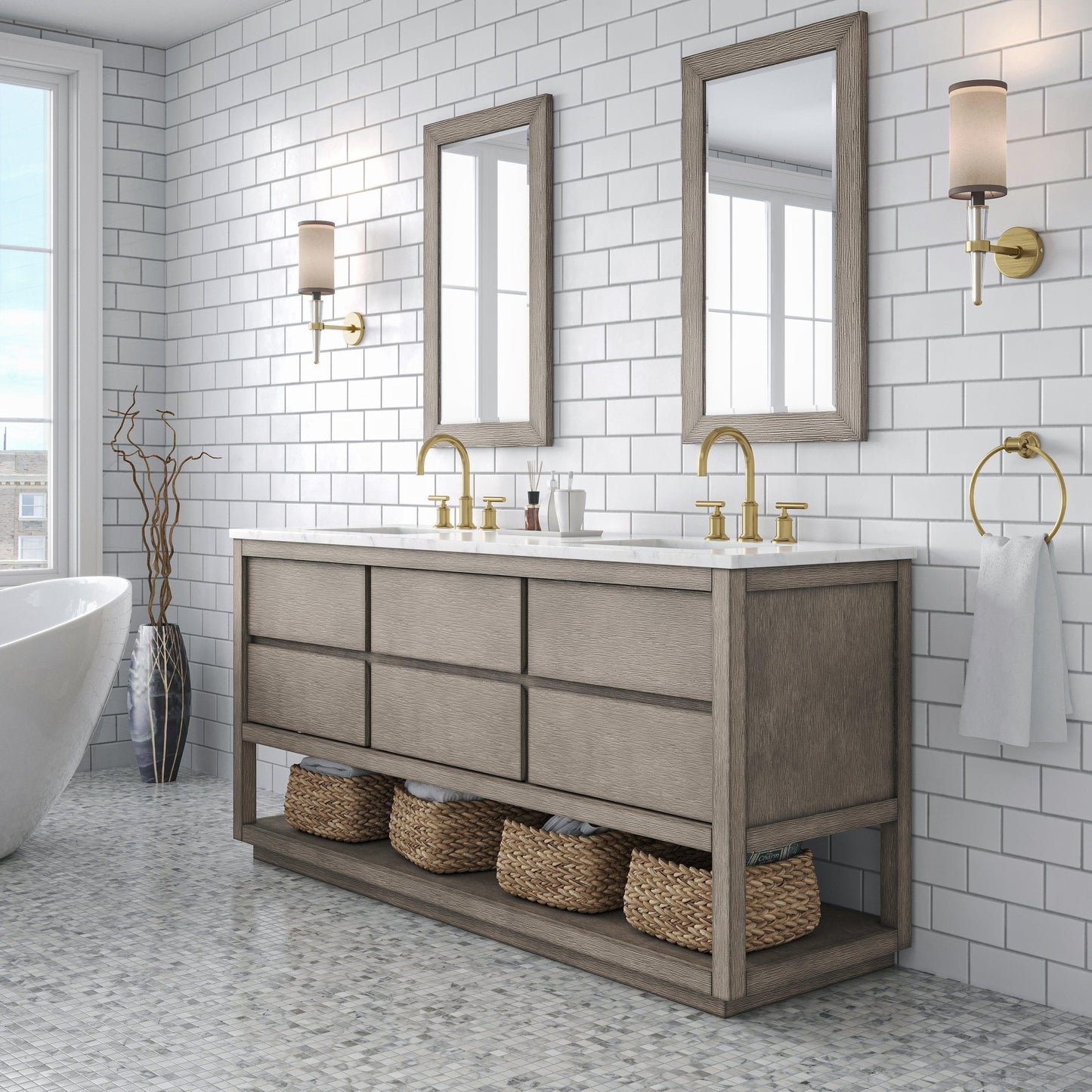 Water Creation Oakman 72" Double Sink Carrara White Marble Countertop Bath Vanity in Grey Oak with Gold Faucets and Rectangular Mirrors