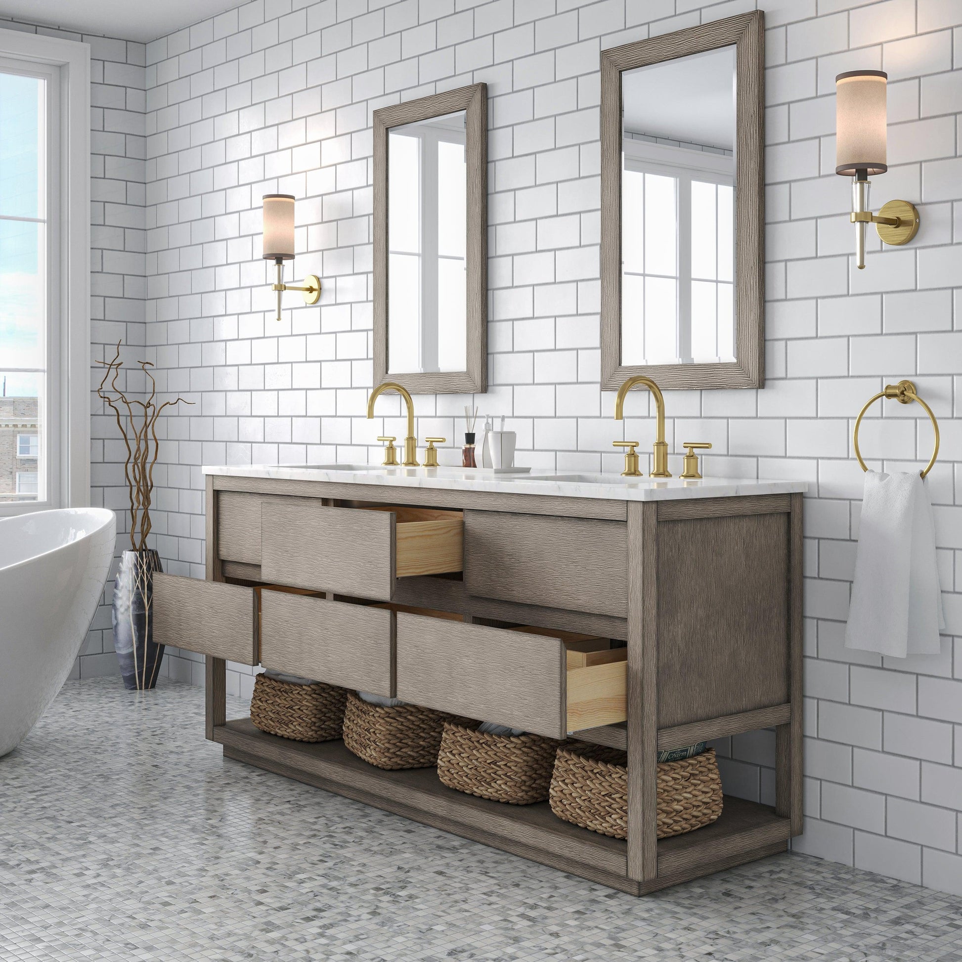 Water Creation Oakman 72" Double Sink Carrara White Marble Countertop Bath Vanity in Grey Oak with Gold Faucets and Rectangular Mirrors