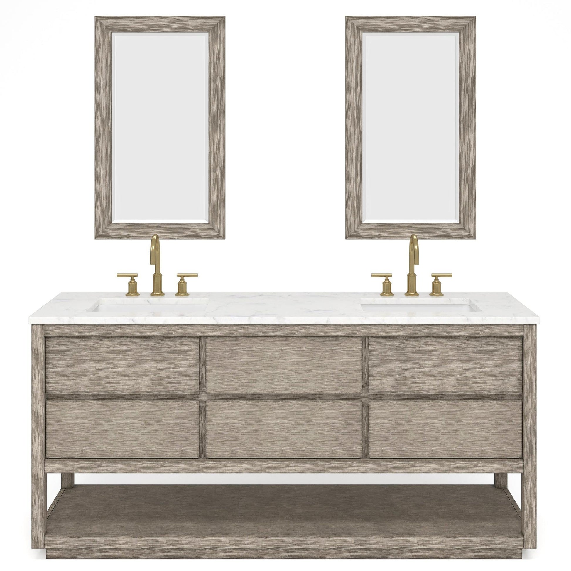Water Creation Oakman 72" Double Sink Carrara White Marble Countertop Bath Vanity in Grey Oak with Gold Faucets and Rectangular Mirrors