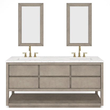 Water Creation Oakman 72" Double Sink Carrara White Marble Countertop Bath Vanity in Grey Oak with Gold Faucets and Rectangular Mirrors