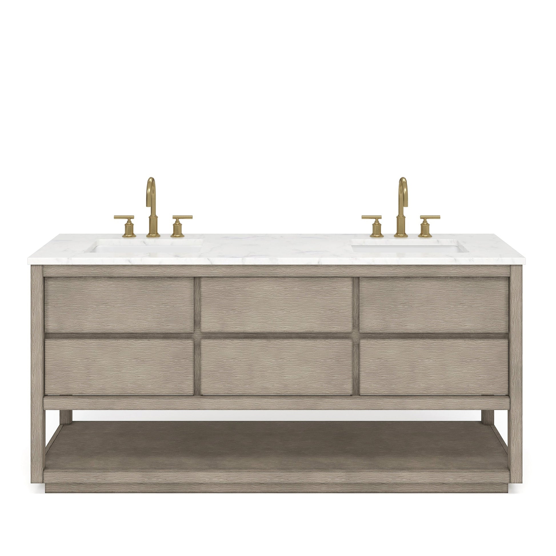 Water Creation Oakman 72" Double Sink Carrara White Marble Countertop Bath Vanity in Grey Oak with Gold Faucets