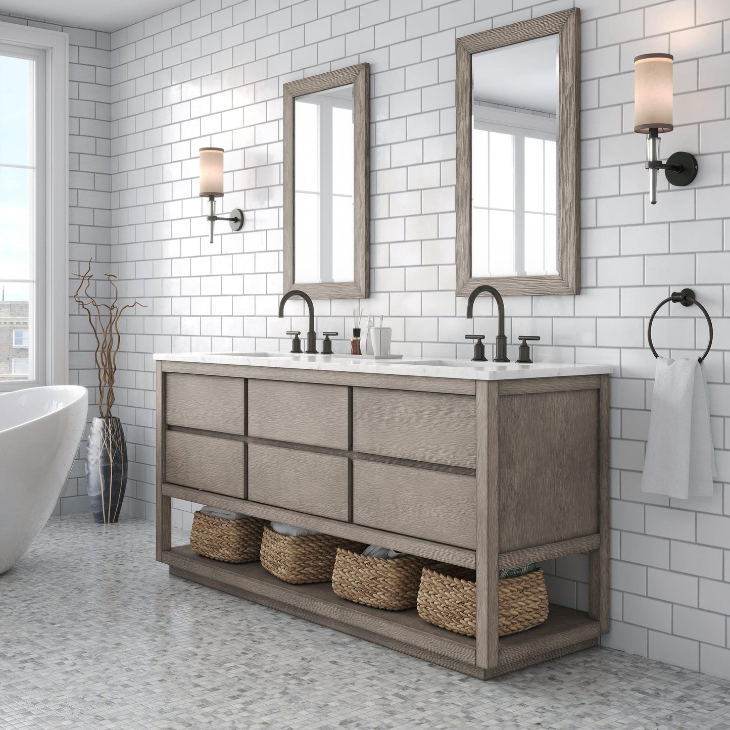 Water Creation Oakman 72" Double Sink Carrara White Marble Countertop Bath Vanity in Grey Oak with ORB Faucets and Rectangular Mirrors