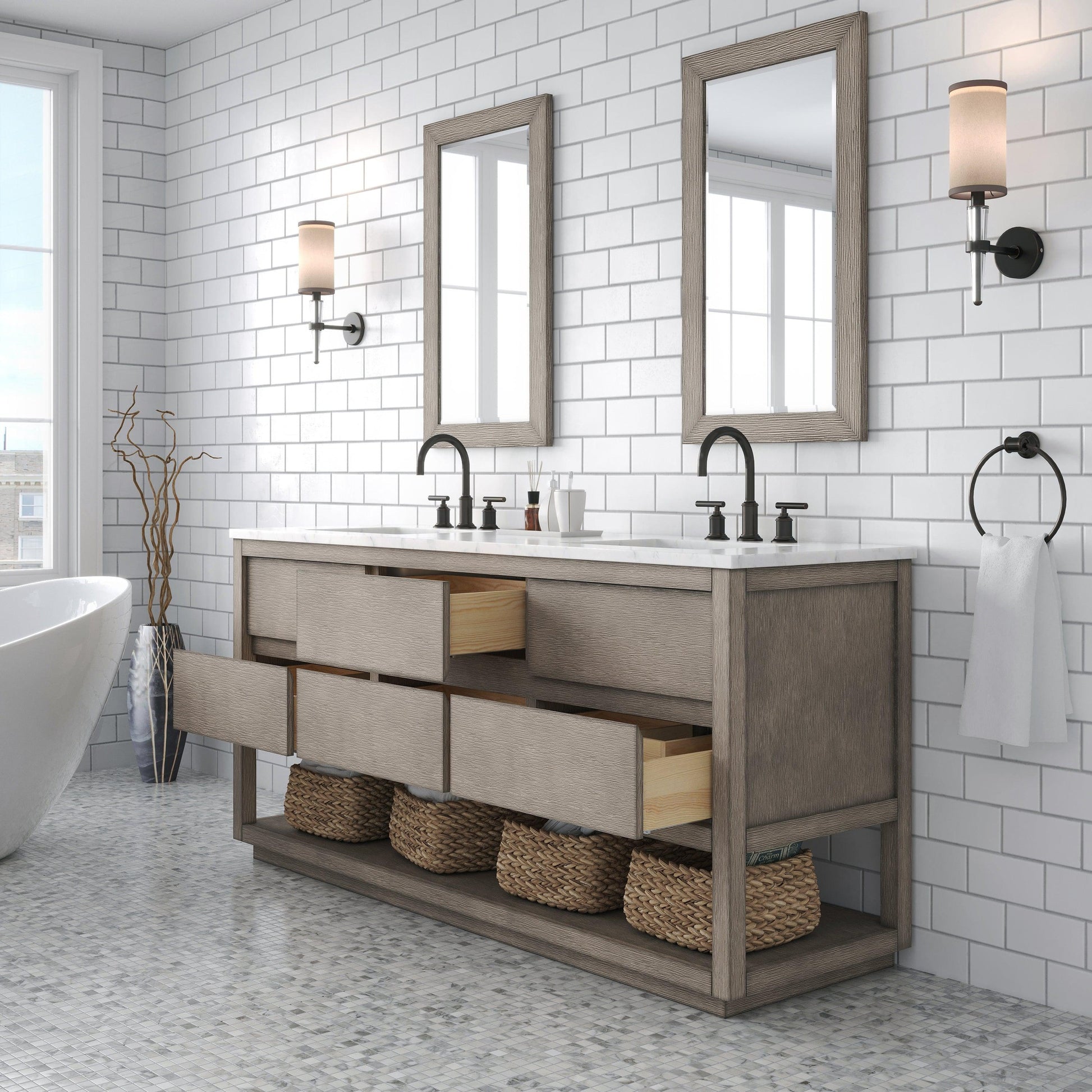 Water Creation Oakman 72" Double Sink Carrara White Marble Countertop Bath Vanity in Grey Oak with ORB Faucets and Rectangular Mirrors