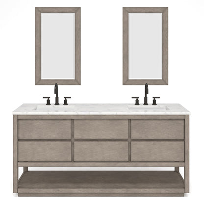 Water Creation Oakman 72" Double Sink Carrara White Marble Countertop Bath Vanity in Grey Oak with ORB Faucets and Rectangular Mirrors