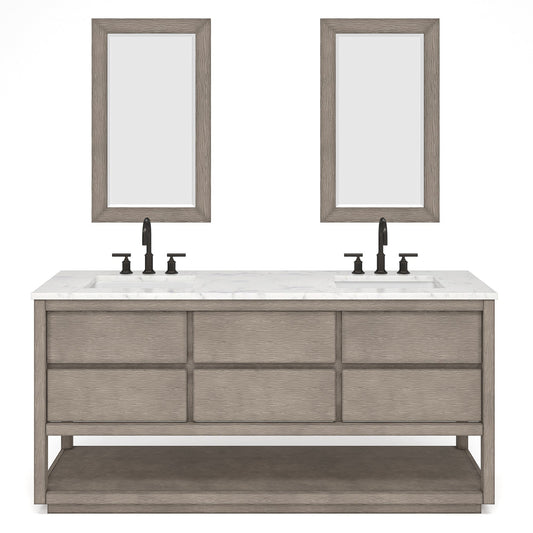 Water Creation Oakman 72" Double Sink Carrara White Marble Countertop Bath Vanity in Grey Oak with ORB Faucets and Rectangular Mirrors