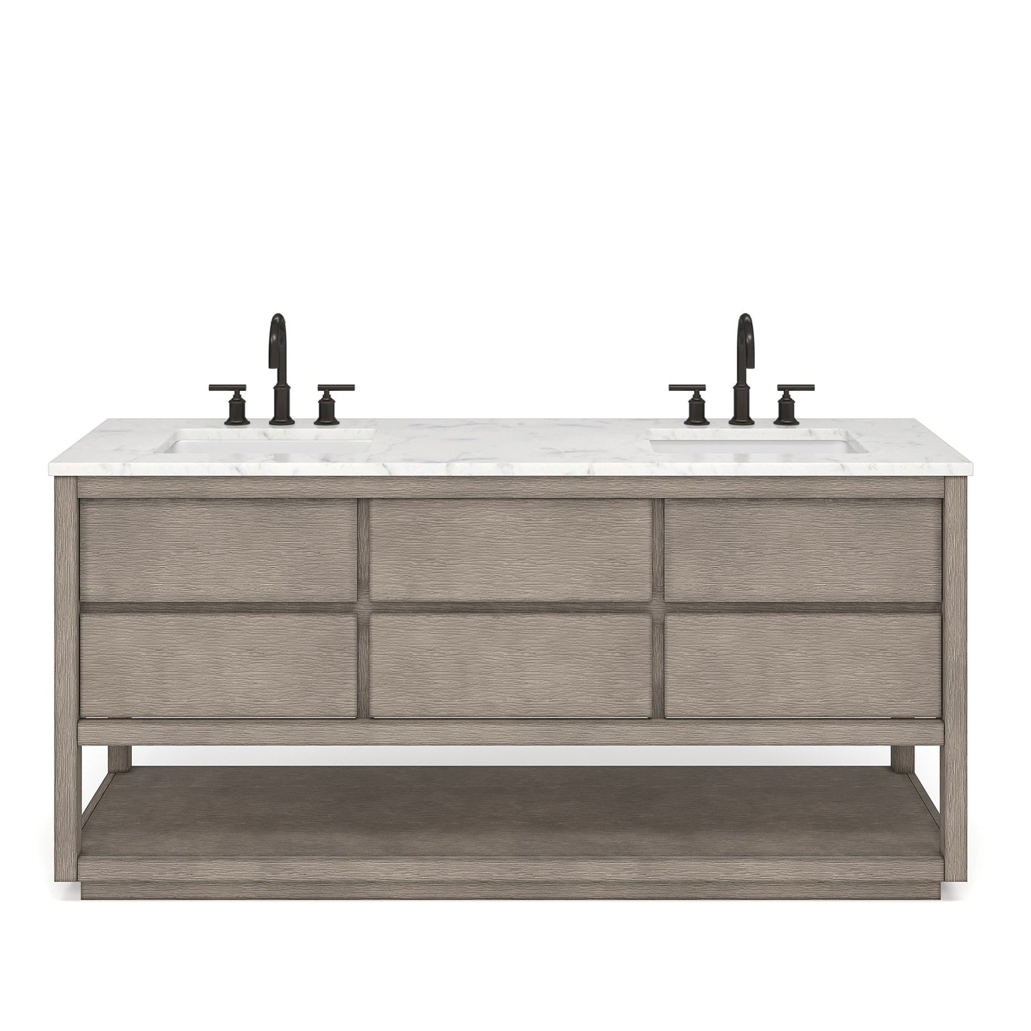 Water Creation Oakman 72" Double Sink Carrara White Marble Countertop Bath Vanity in Grey Oak with ORB Faucets