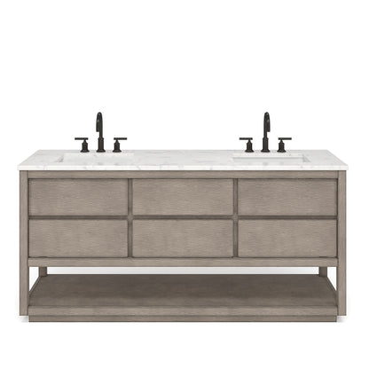 Water Creation Oakman 72" Double Sink Carrara White Marble Countertop Bath Vanity in Grey Oak with ORB Faucets